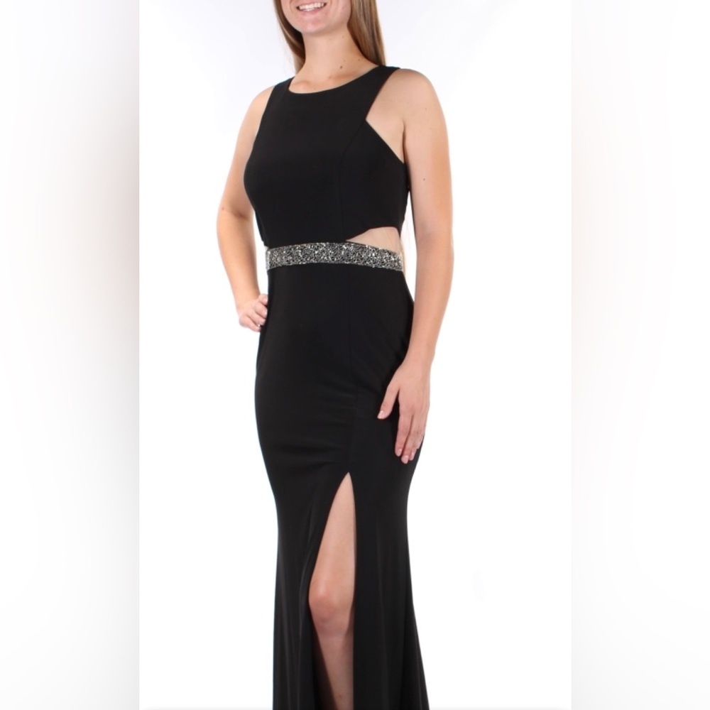 Long Black Maxi Formal Dress W/ Rhinestone “Belt” and Slit At Left Leg Size XS